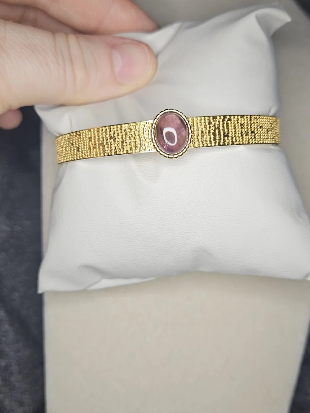 Gold Tone Stainless Steel Open Cuff Bracelet with Purple Gemstone Center